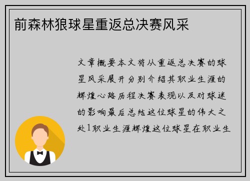 前森林狼球星重返总决赛风采